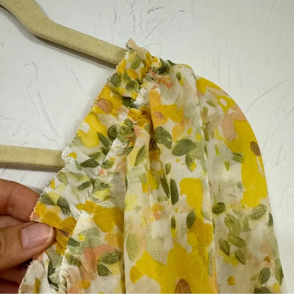 Astr Yellow Ditsy Floral Puff Sleeve Blouse Womens M Smocked Romantic Coquette